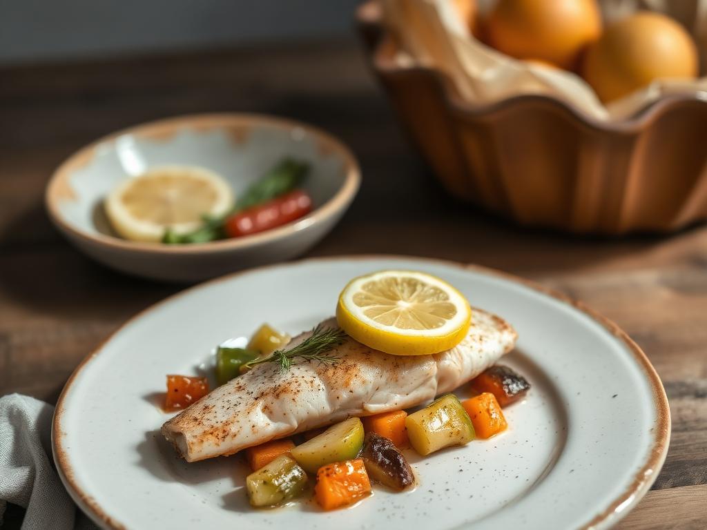 Peixe assado com legumes e limão